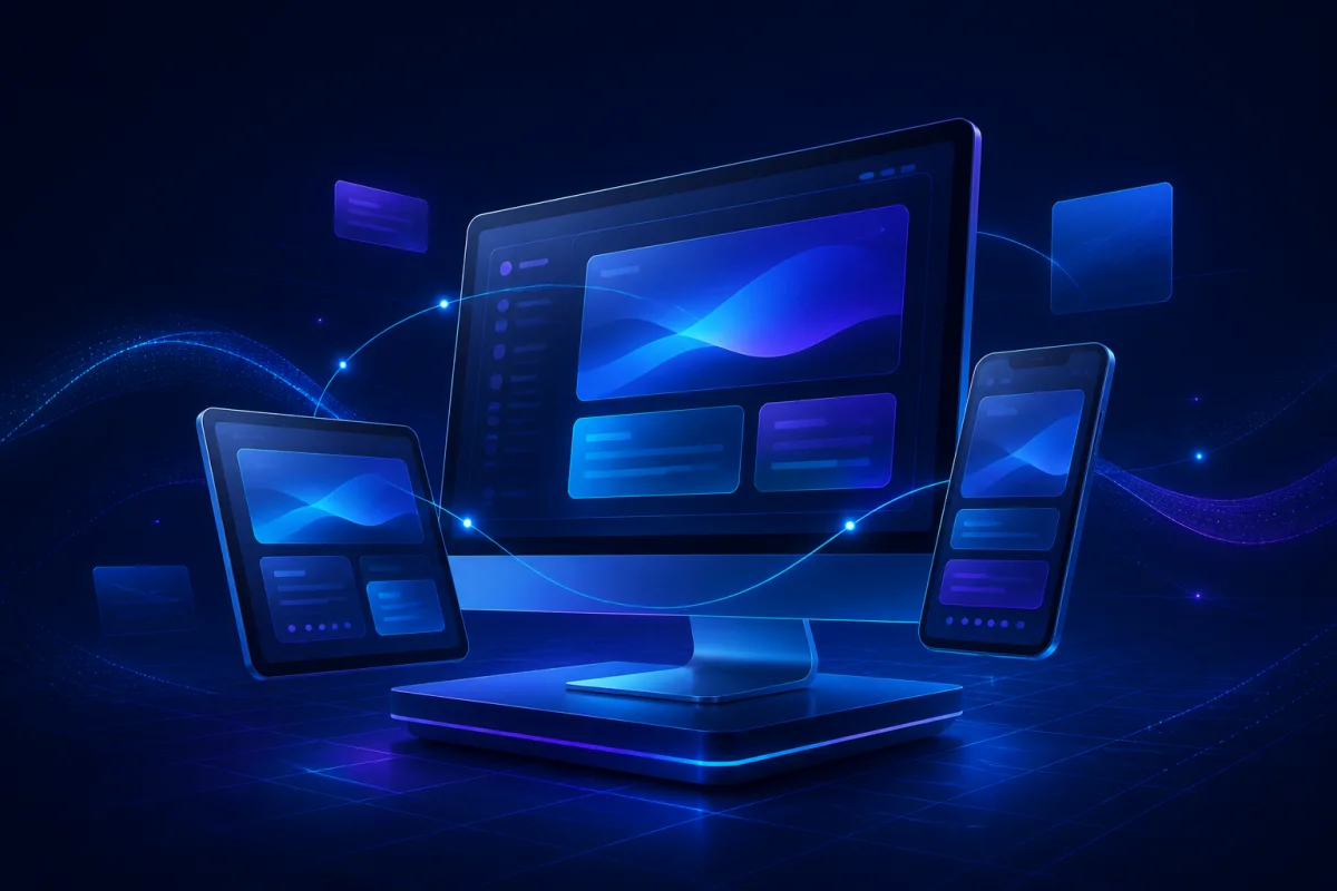 Ilustración de aplicaciones web responsivas en varios dispositivos